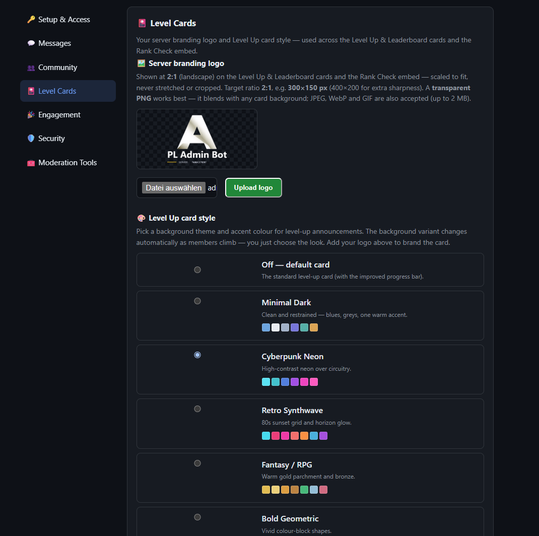 PL Admin Bot dashboard — Level Cards section: branding logo upload and the Level Up card style theme picker with accent palettes