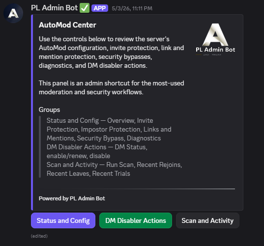 PL Admin Bot — security alert card