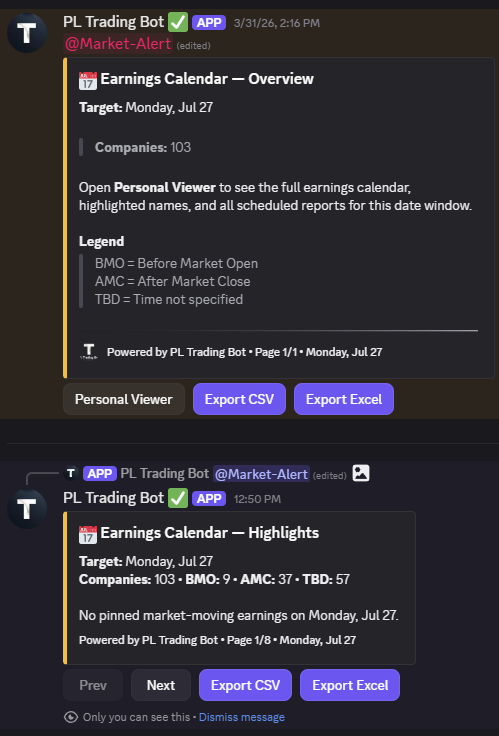 PL Trading Bot — earnings calendar card